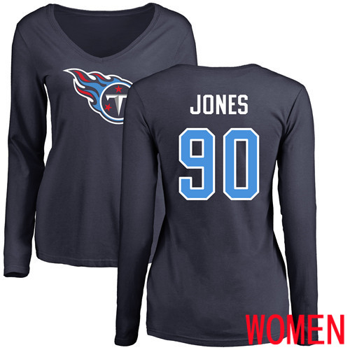 Tennessee Titans Navy Blue Women DaQuan Jones Name and Number Logo NFL Football #90 Long Sleeve T Shirt